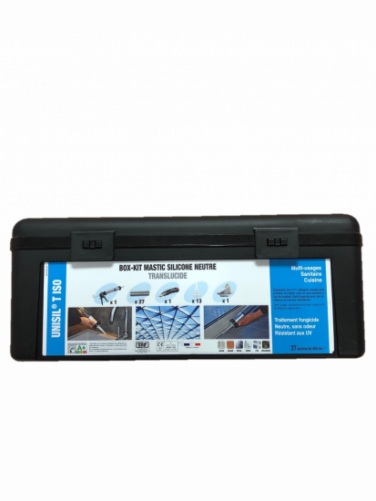 Colle et Etanch&eacute;it&eacute; Box kit mastics silicones neutres UNISIL T ISO 400ml transparent (caisse outils accesoires + 27 poches 400ml) KeraKoll